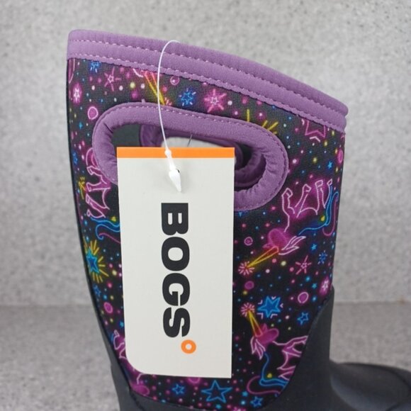 BOGS York Neon Unicorn Kids Black and Purple Rain Boots Shoes - Picture 3 of 8